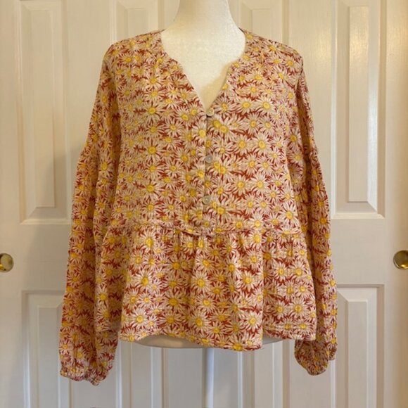 NWT Simply Southern Sunflower Print Long Sleeve Button Front Peplum Crop Top LG - Picture 1 of 11
